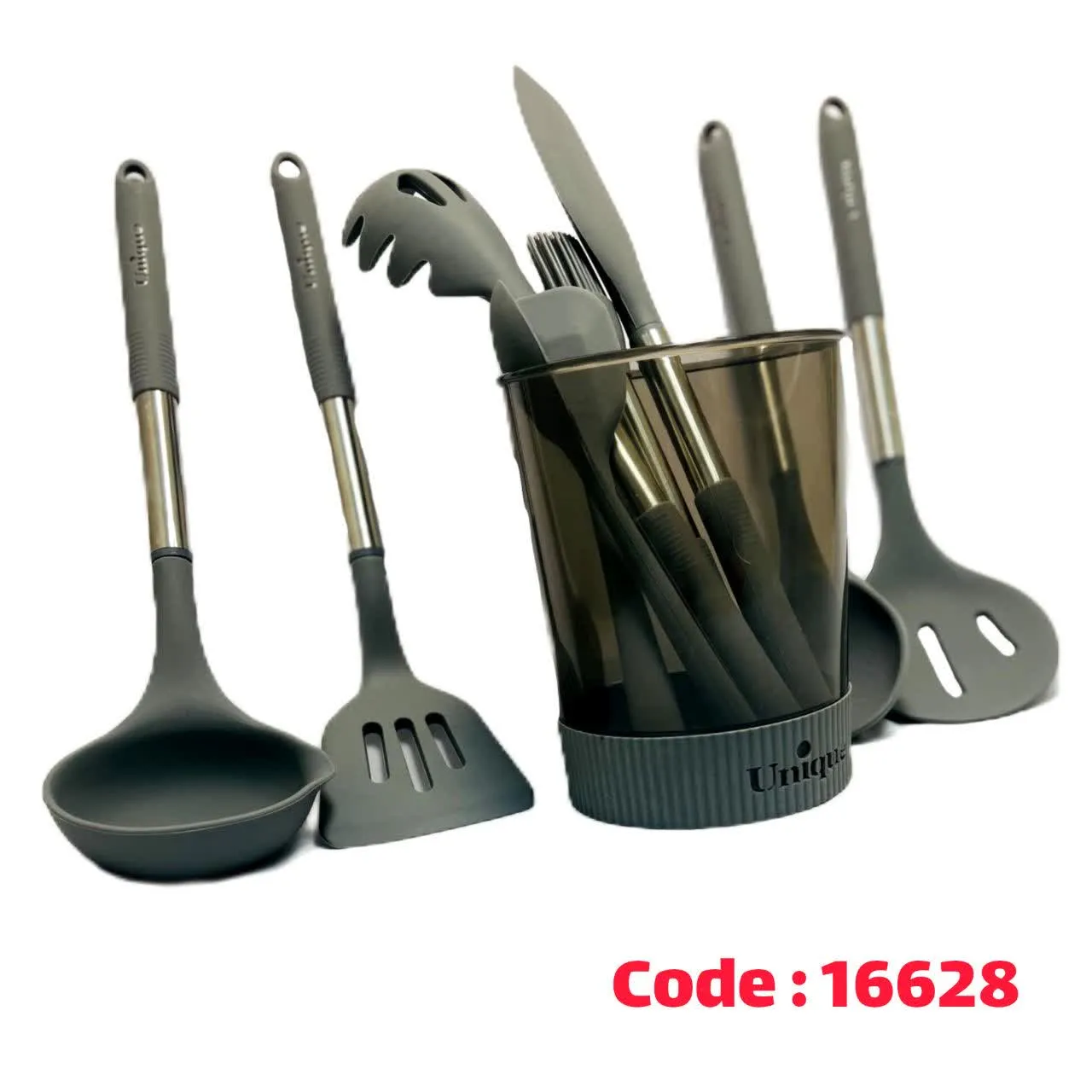 کفگیر ملاقه 10 پارچه سیلیکونی دسته چوب 1165 یونیک
